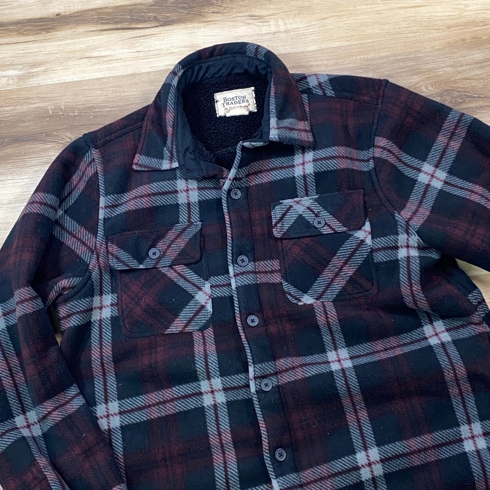 Boston Traders Shirt Jacket Mens Medium Heritage Sherpa Fleece Plaid Burgundy